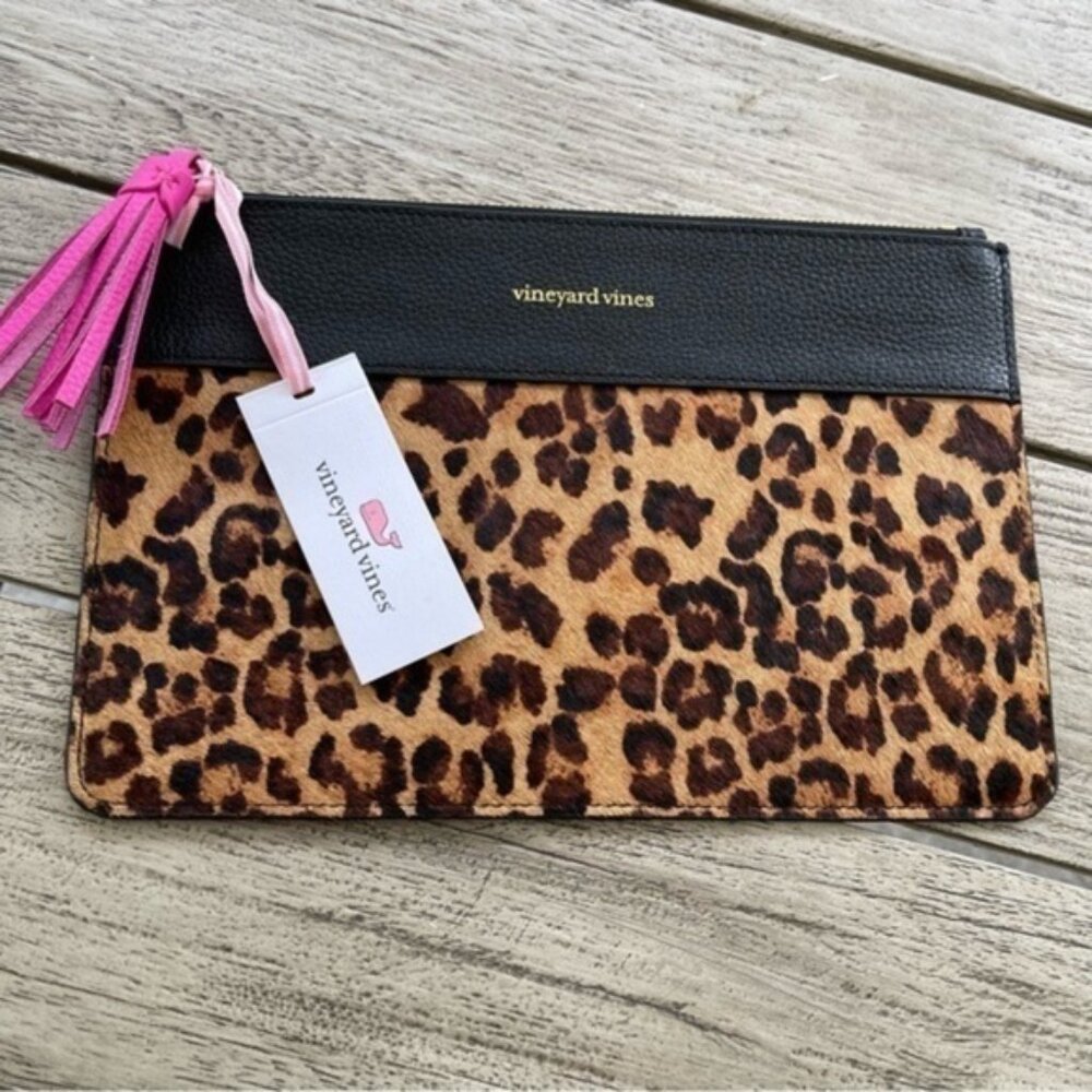 Vineyard Vines Leather calf Hair Cheetah Print Clutch NWT